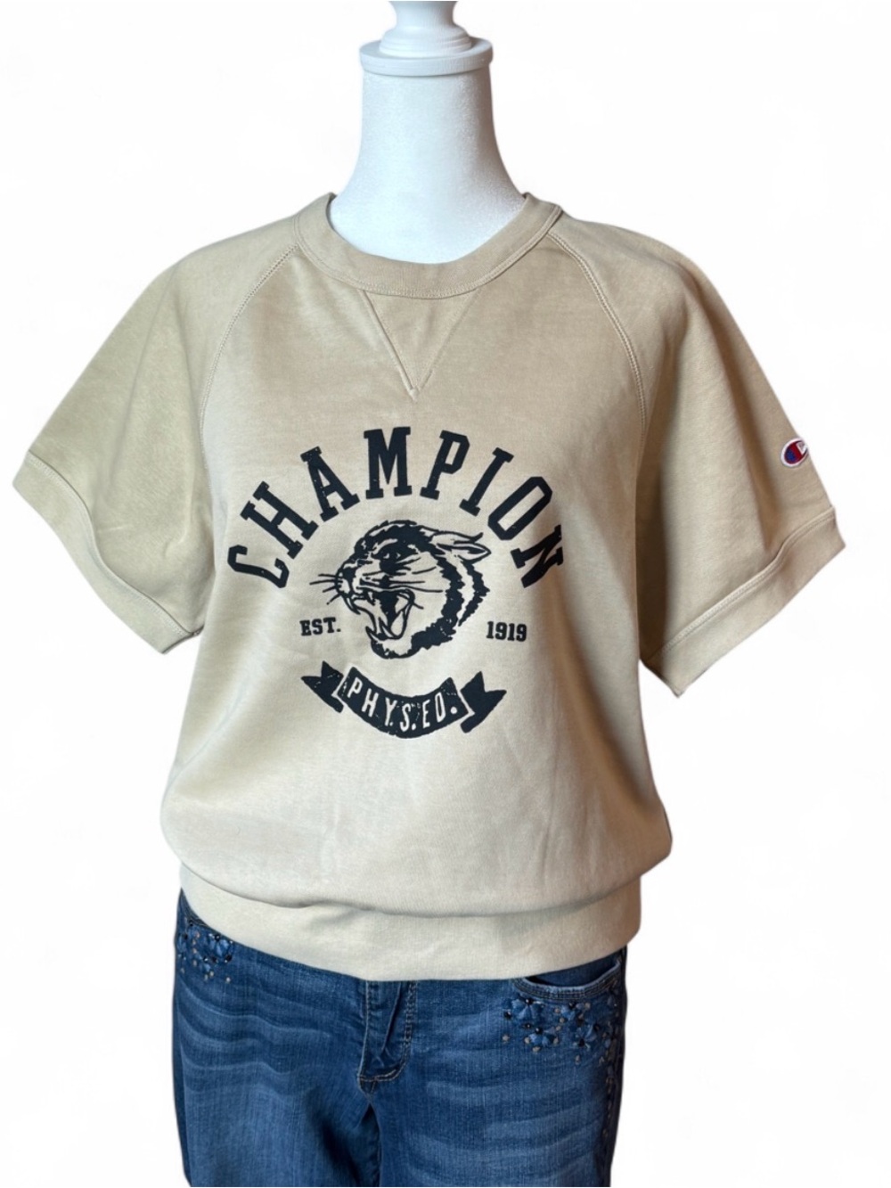 Champion Phys Ed Short Sleeve Sweatshirt Beige Graphic Pullover Size Small